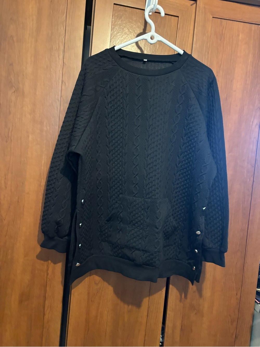 Black Cable-Knit Snap-Accent Sweatshirt
